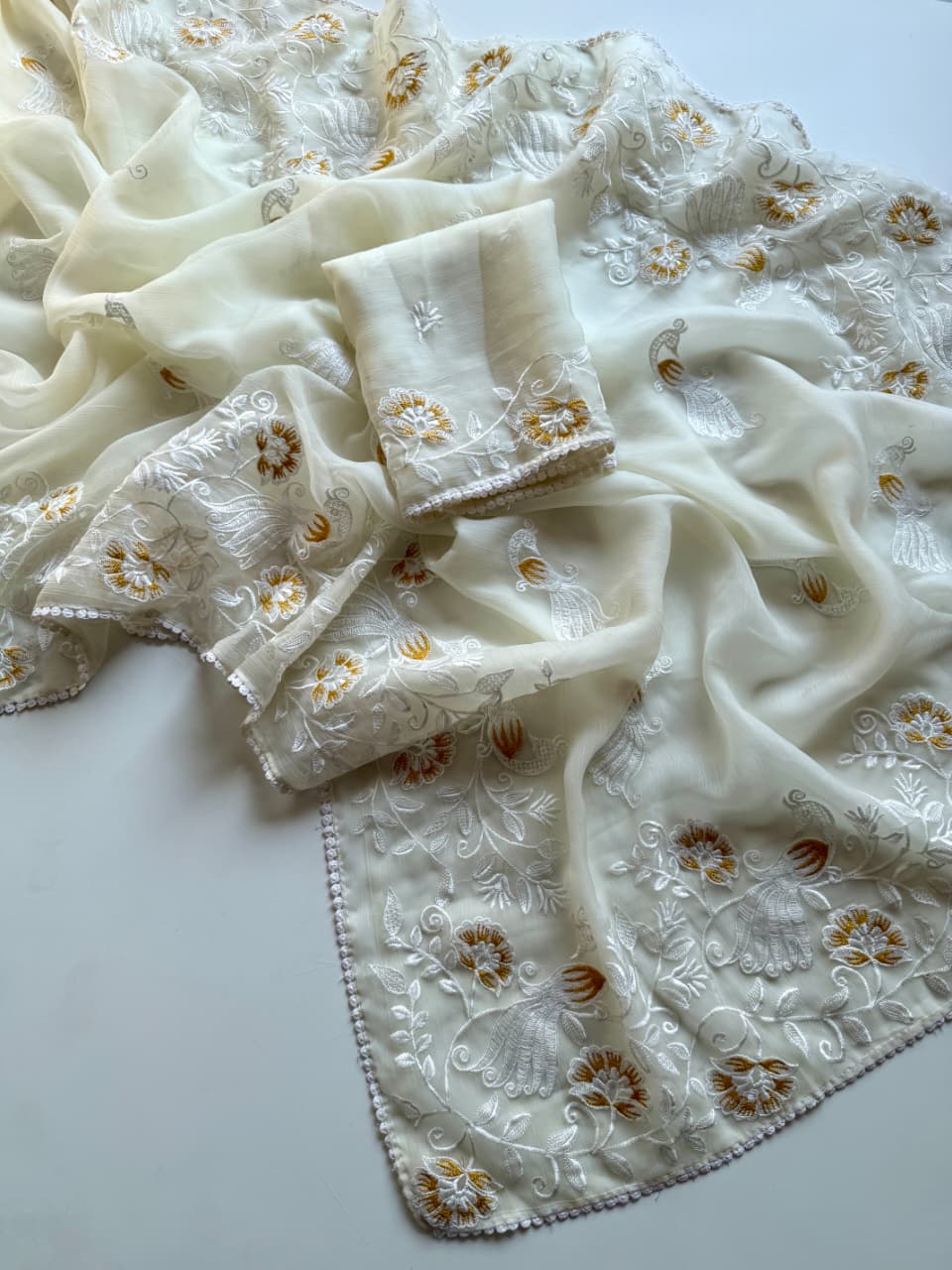 Ivory Gulnaar Embroidered Chiffon Saree