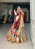 Beige Kalamkari Dola Silk Lehenga Set with Zari Weaving
