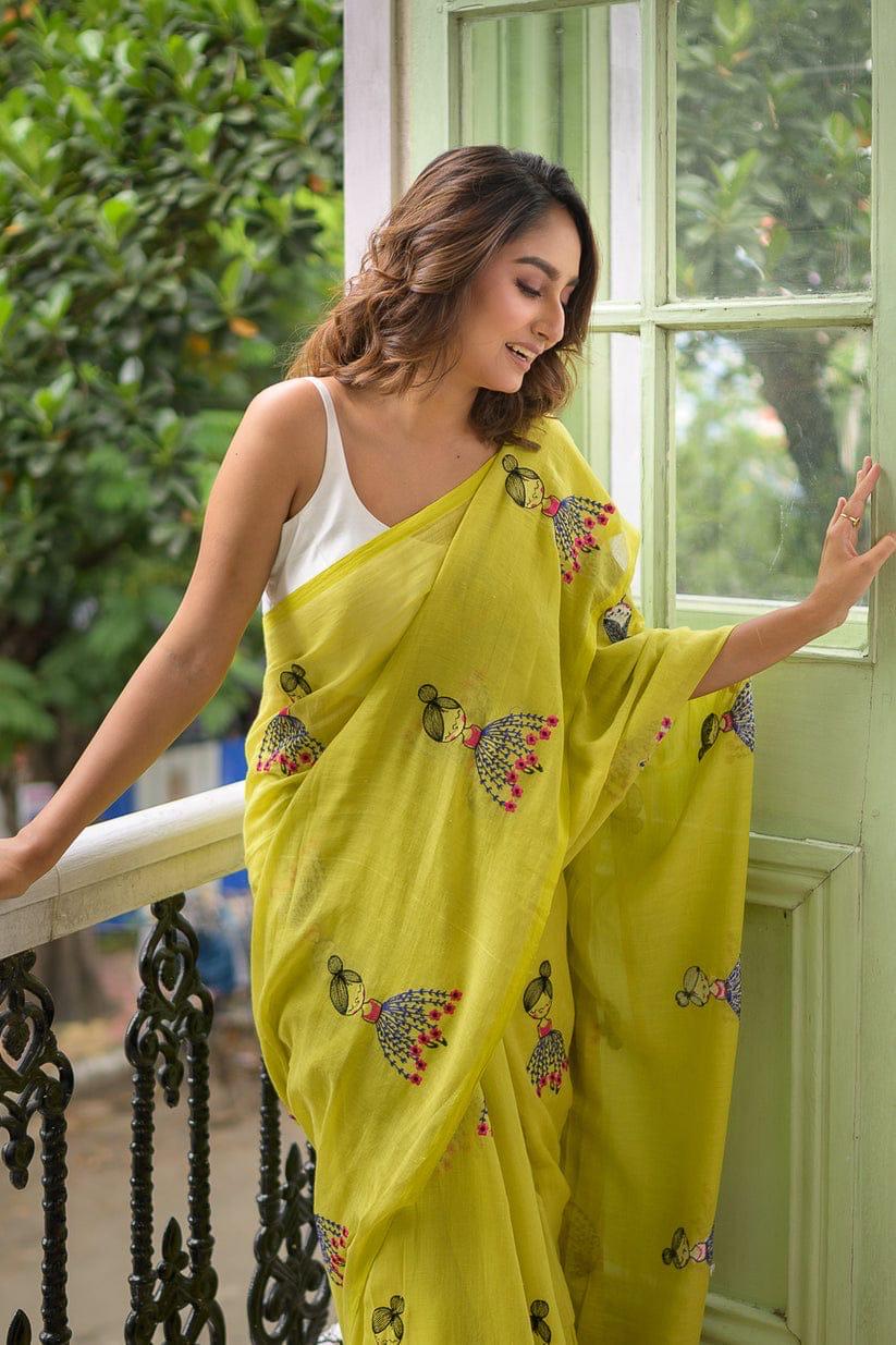 Gulnaar Lime Handcrafted Mulmul Cotton Saree