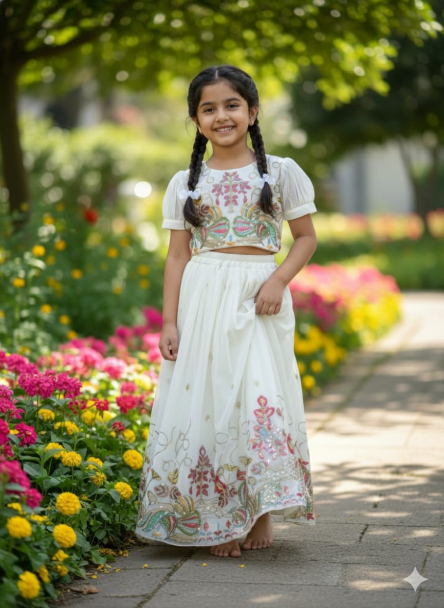 Ivory Blossom Kids Embroidered Lehenga Set