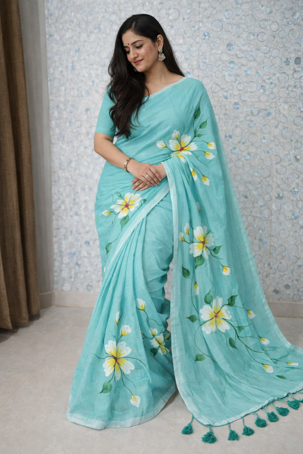 Aqua Bloom Premium Mull Cotton Handprint Saree