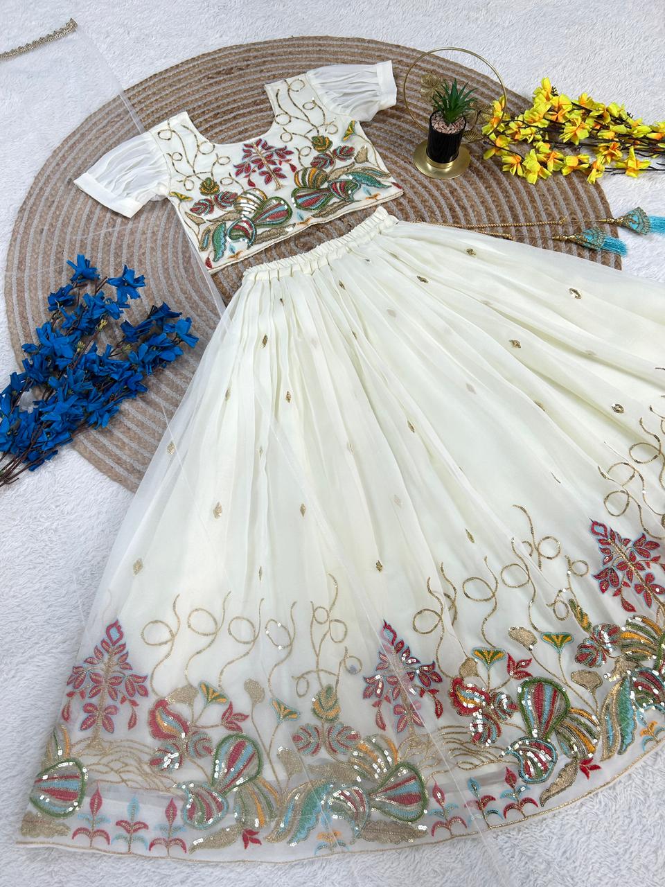 Ivory Blossom Kids Embroidered Lehenga Set