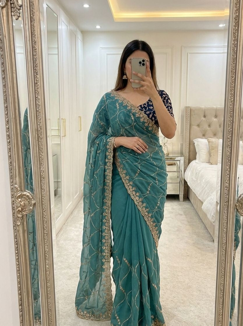 Emerald Grace Georgette Embroidered Saree