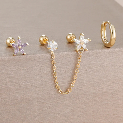 3PCS Zircon Flower Ear Stud Earrings