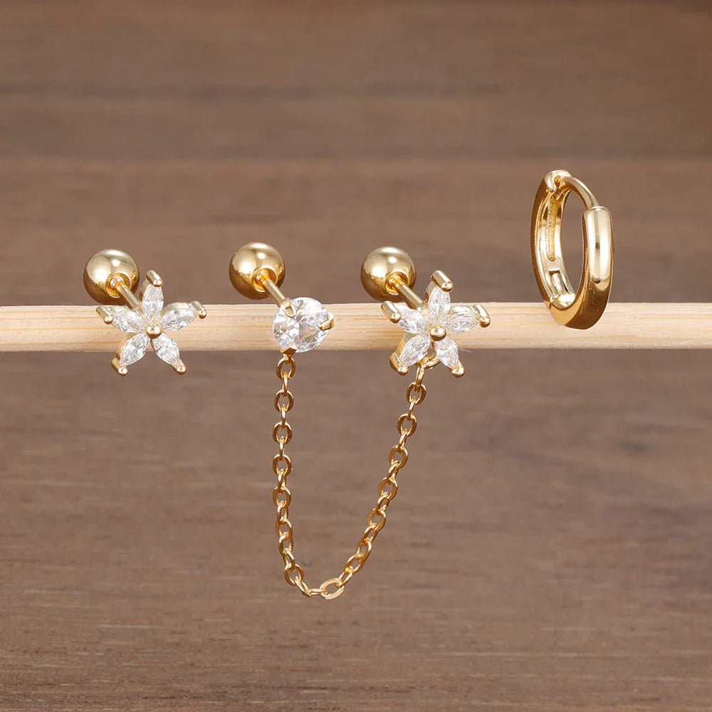 3PCS Zircon Flower Ear Stud Earrings