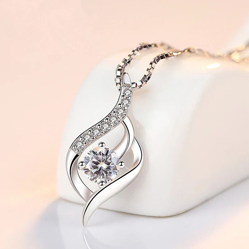 925 Silver Feather Zircon Pendant Necklace