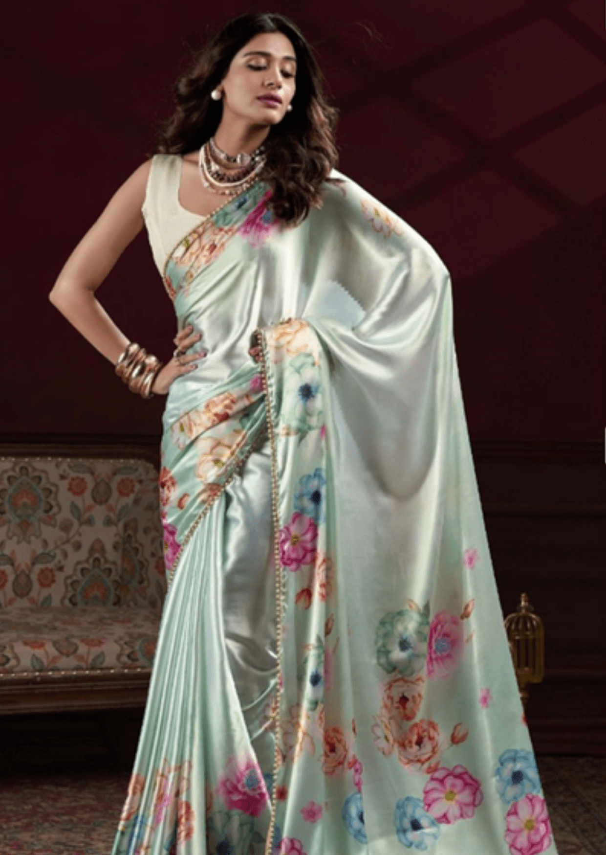 Anaya Mint Blossom Satin Silk Saree