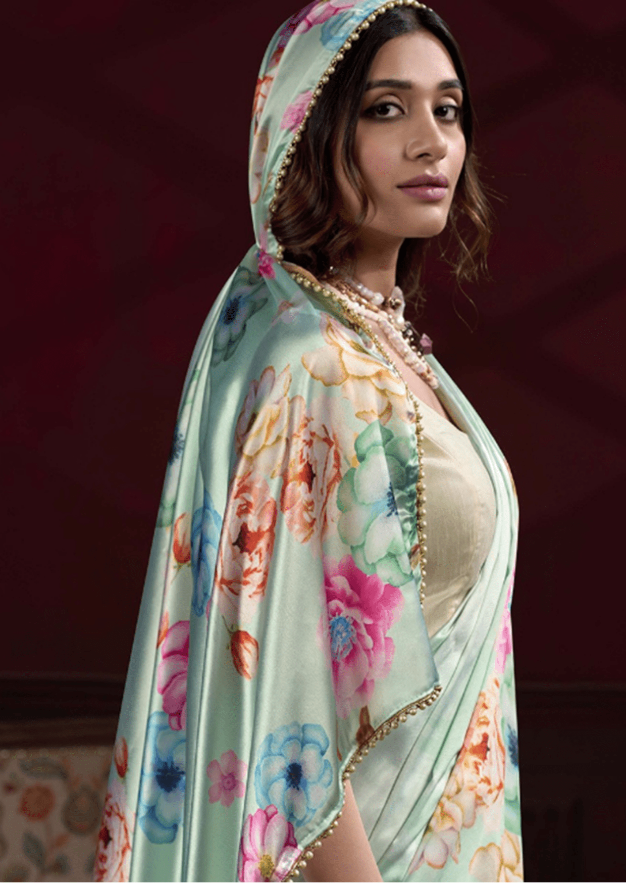 Anaya Mint Blossom Satin Silk Saree