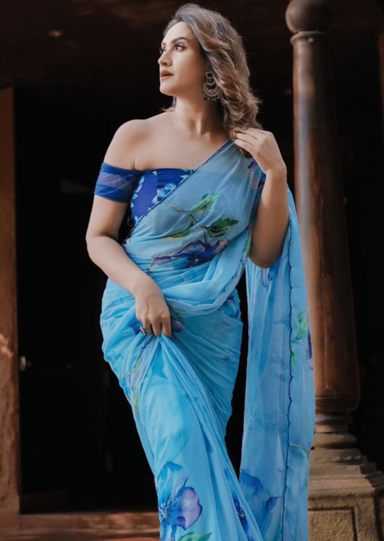 Azure Bloom Digital Print Georgette Saree