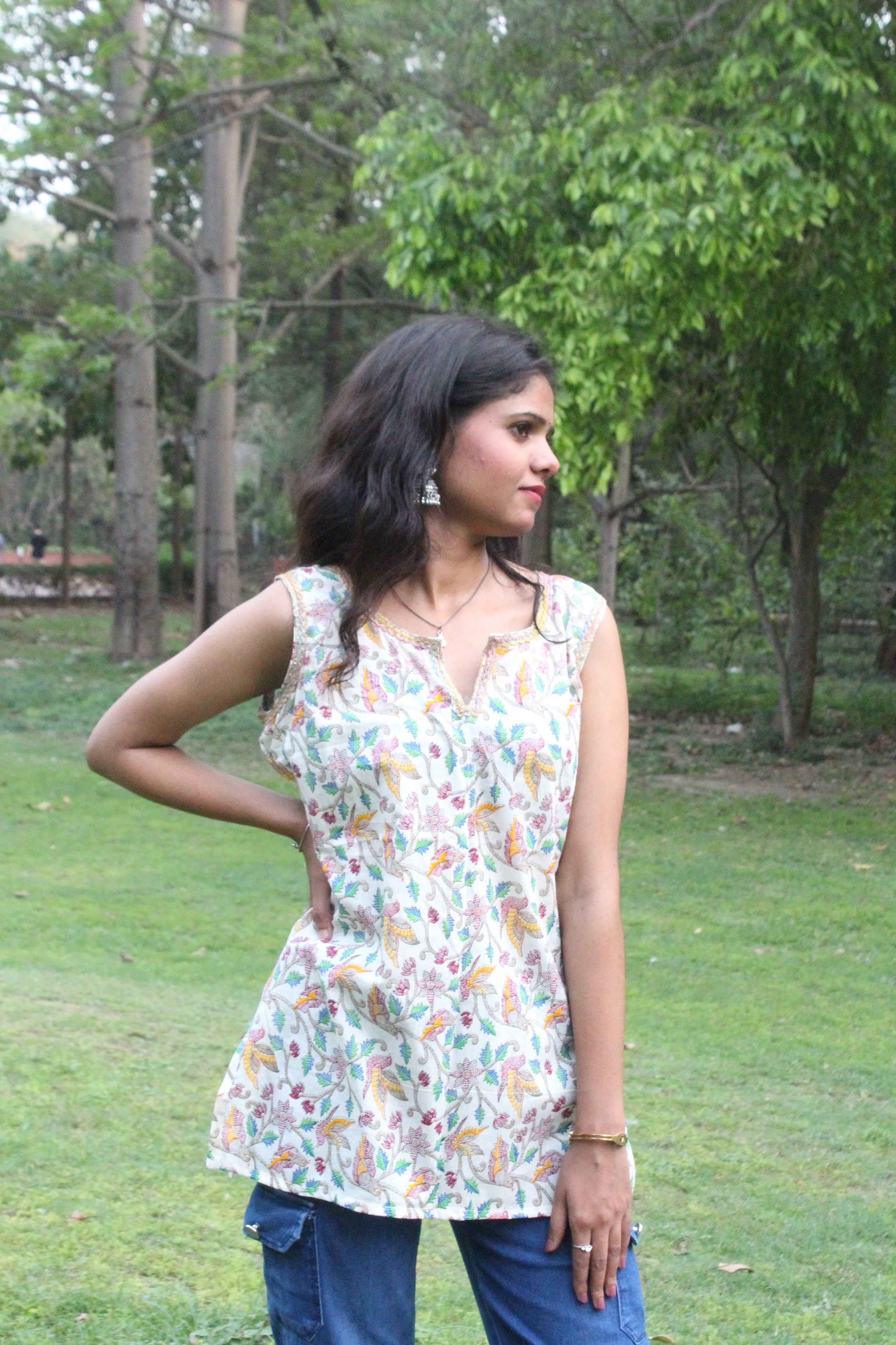 Birdsong Garden Sleeveless Kurti