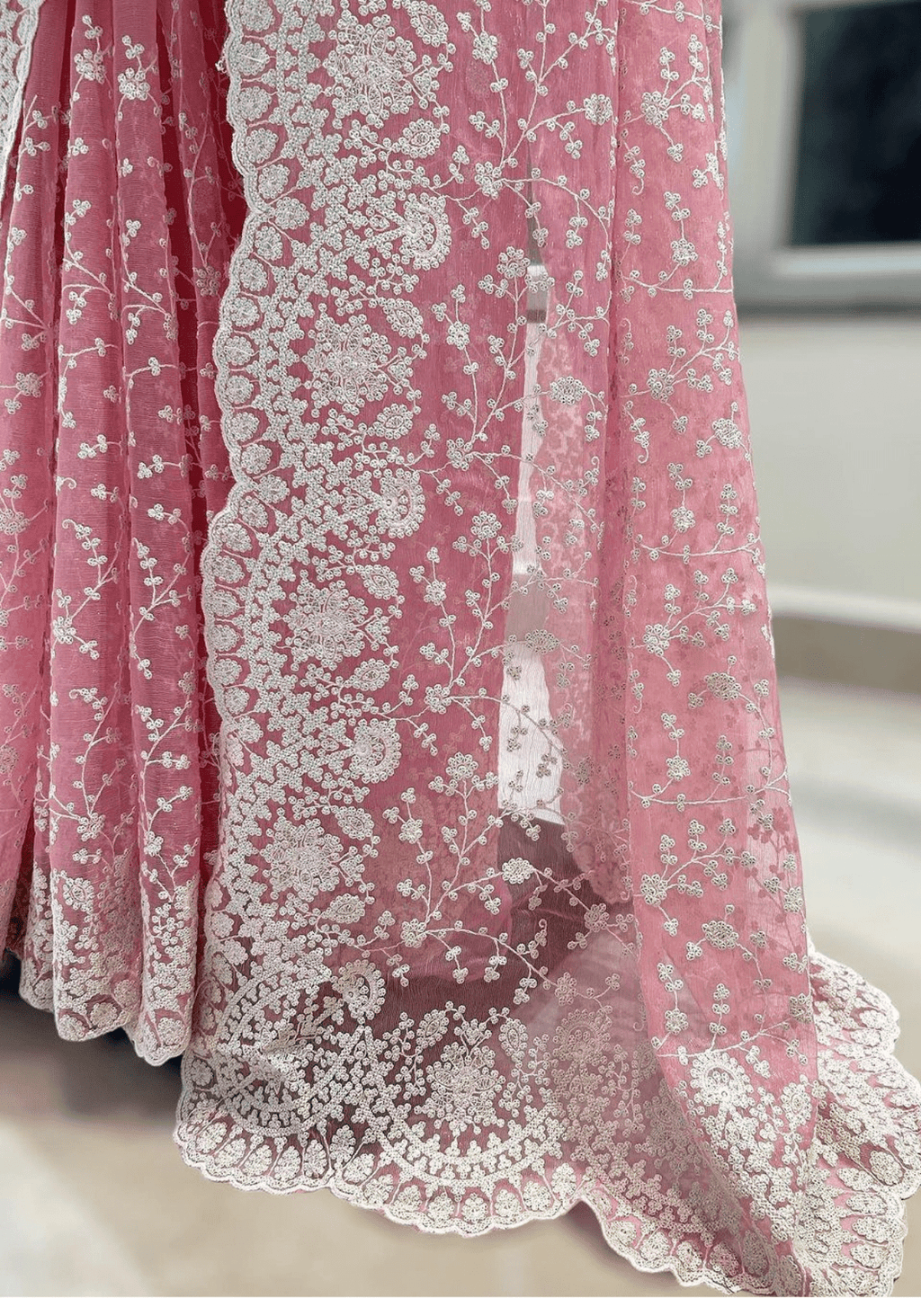 Blush Elegance Pink Embroidered Net Saree