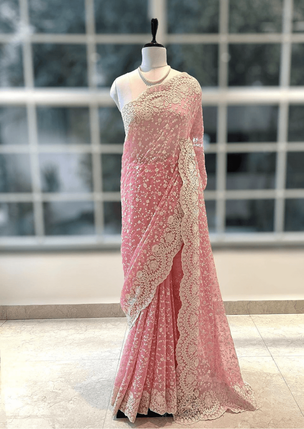 Blush Elegance Pink Embroidered Net Saree