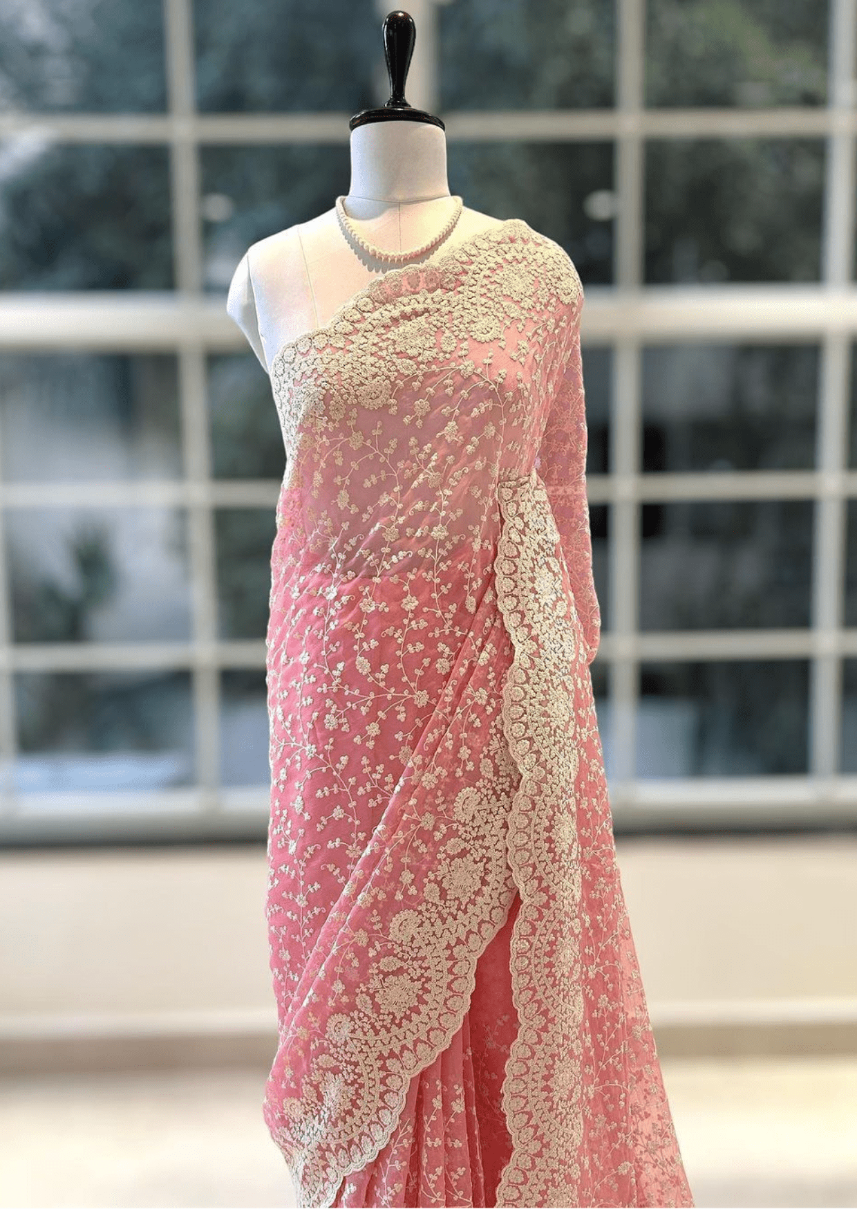 Blush Elegance Pink Embroidered Net Saree
