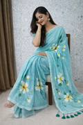 Aqua Bloom Premium Mull Cotton Handprint Saree