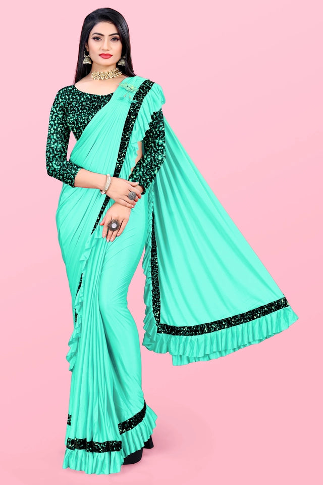 Lycra Blend Solid Saree for Women (Sea Green, 6.3 m)