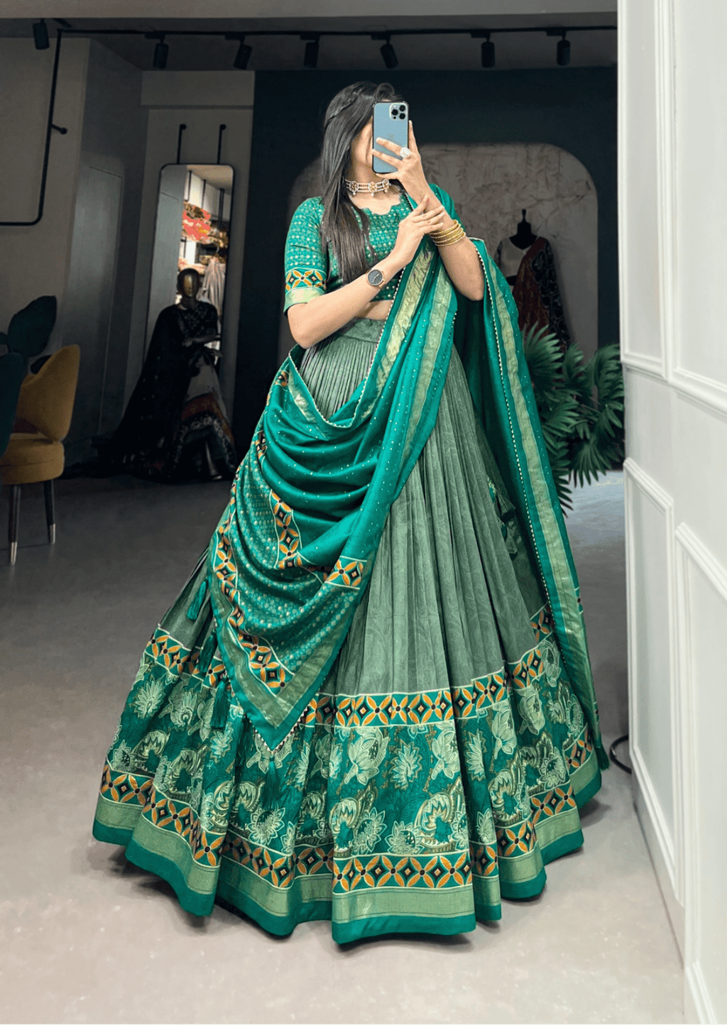 Emerald Foil Floral Tasar Silk Lehenga Set