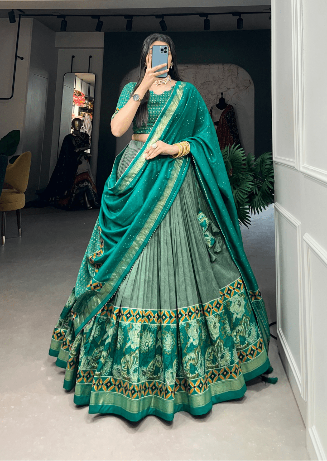 Emerald Foil Floral Tasar Silk Lehenga Set