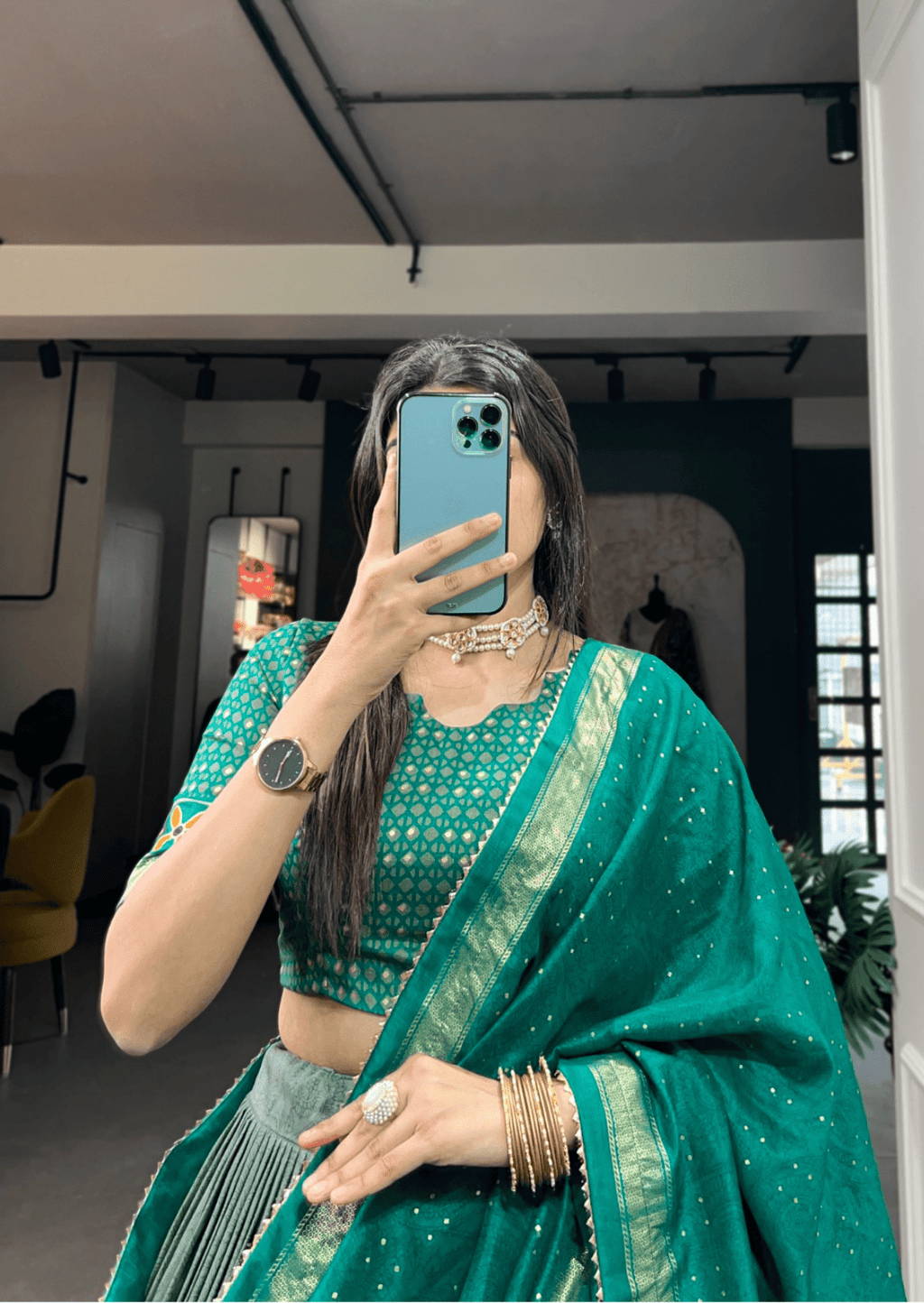 Emerald Foil Floral Tasar Silk Lehenga Set