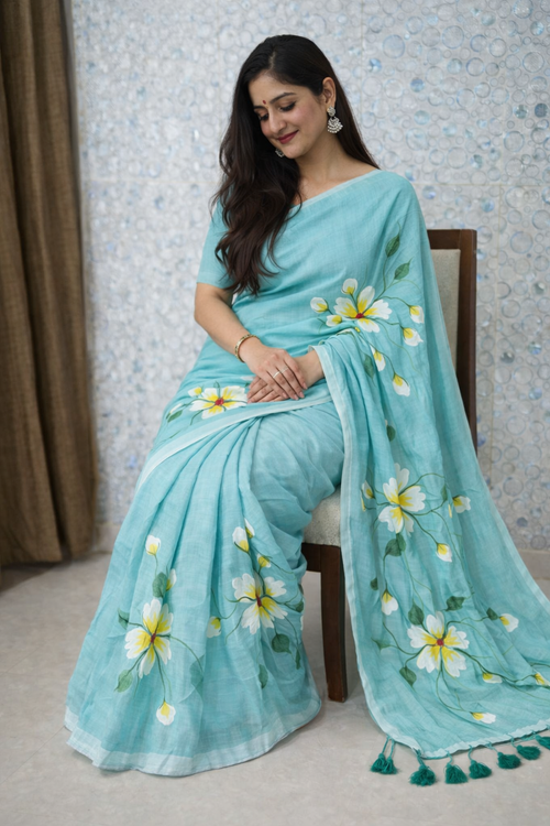 Aqua Bloom Premium Mull Cotton Handprint Saree