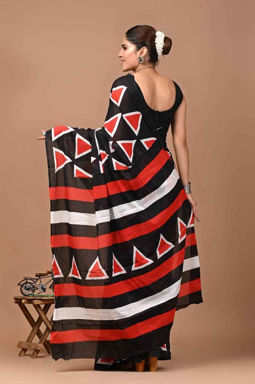 GeoChic Mulmul Cotton Saree in Black & Red