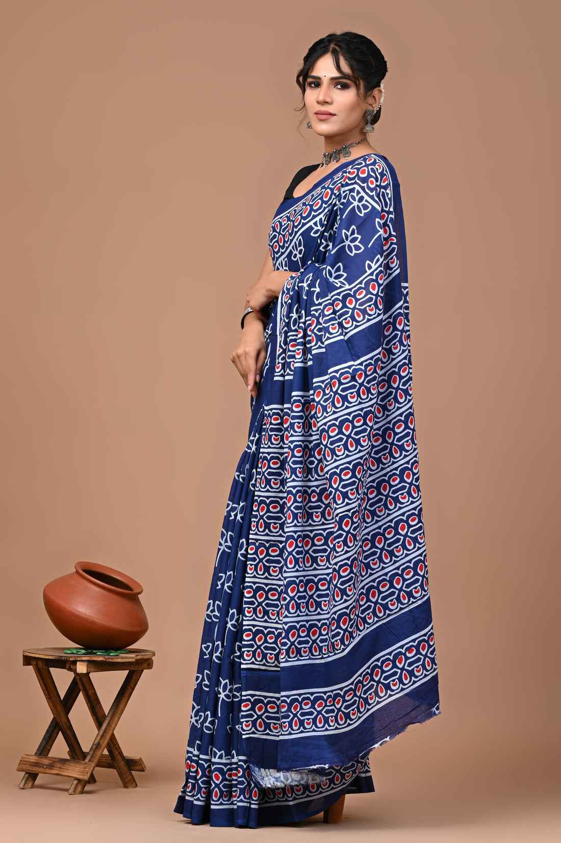 Indigo Beat Block Rhythm Mulmul Cotton Saree