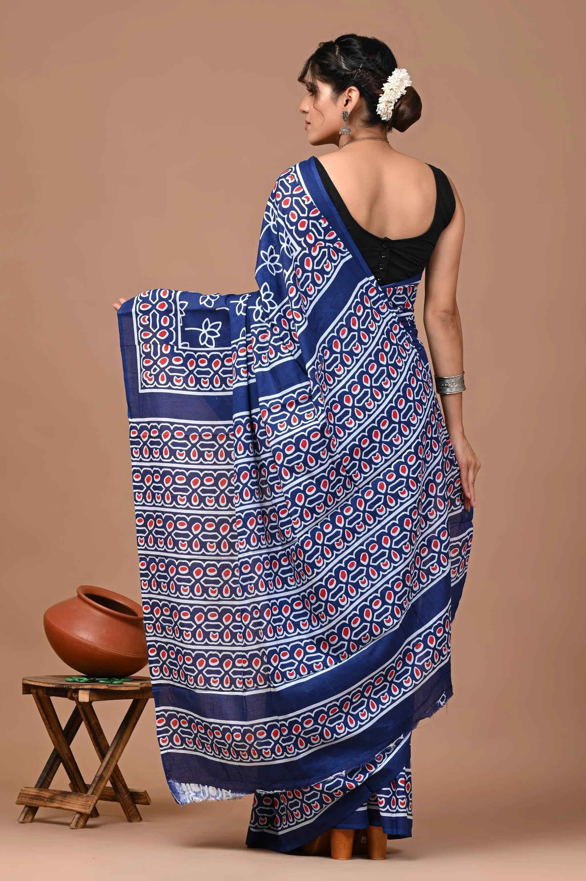Indigo Beat Block Rhythm Mulmul Cotton Saree