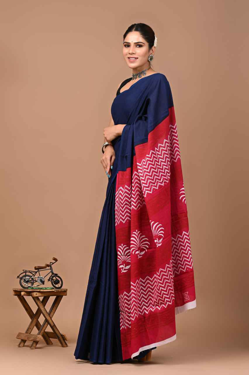 Indigo Fusion Mulmul Cotton Saree with Maroon Zigzag Pallu
