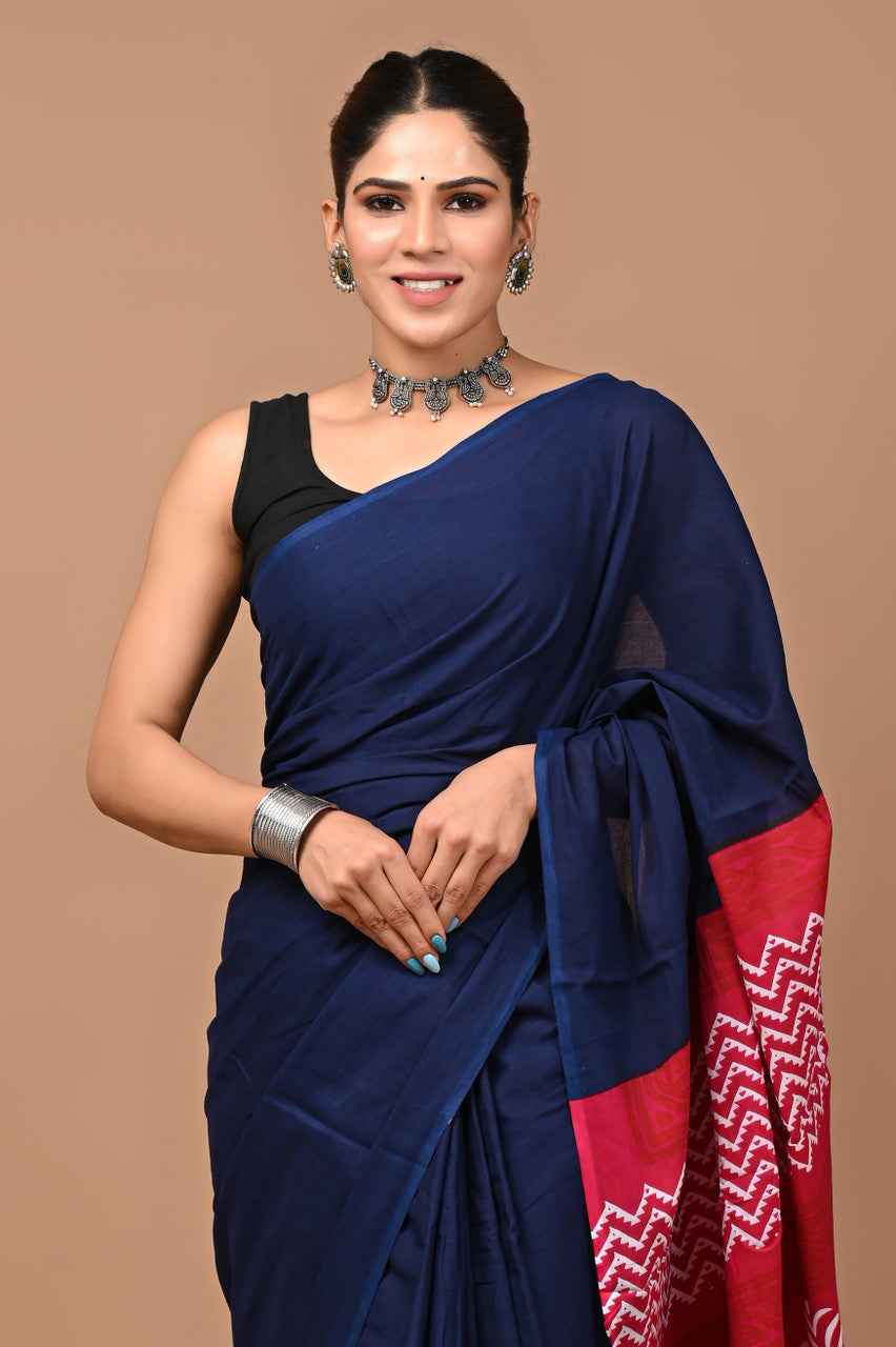 Indigo Fusion Mulmul Cotton Saree with Maroon Zigzag Pallu
