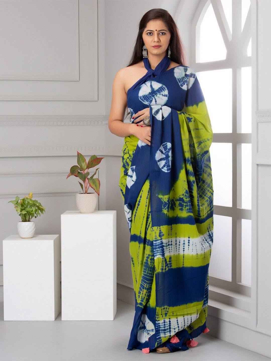 Indigo Lime Shibori Tie & Dye Pure Mulmul Cotton Saree