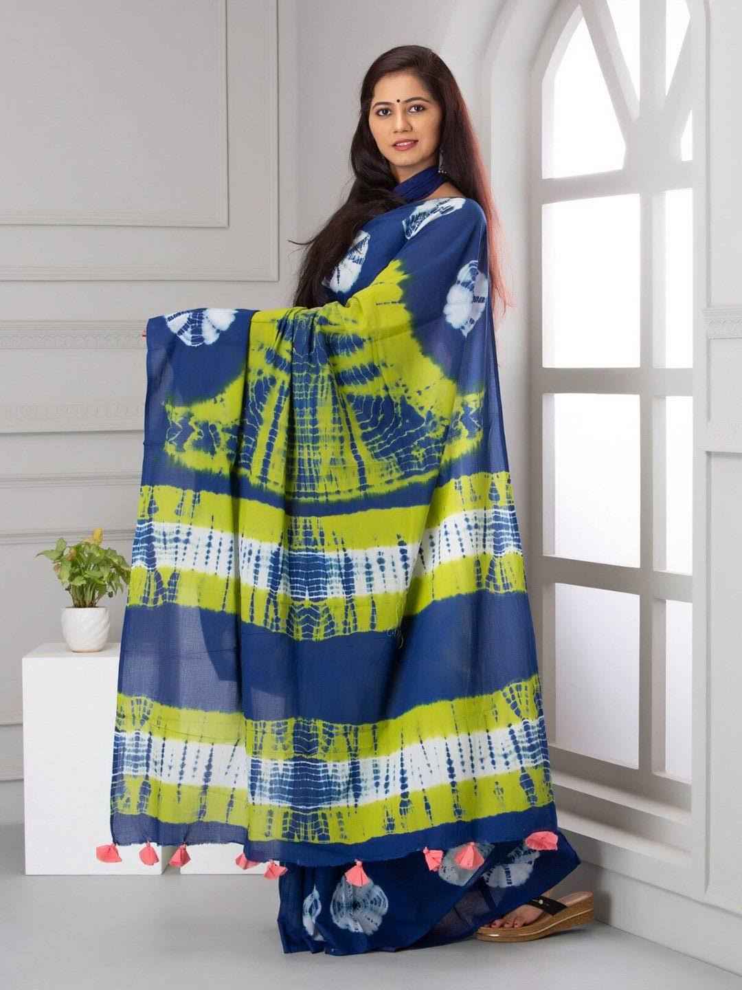 Indigo Lime Shibori Tie & Dye Pure Mulmul Cotton Saree
