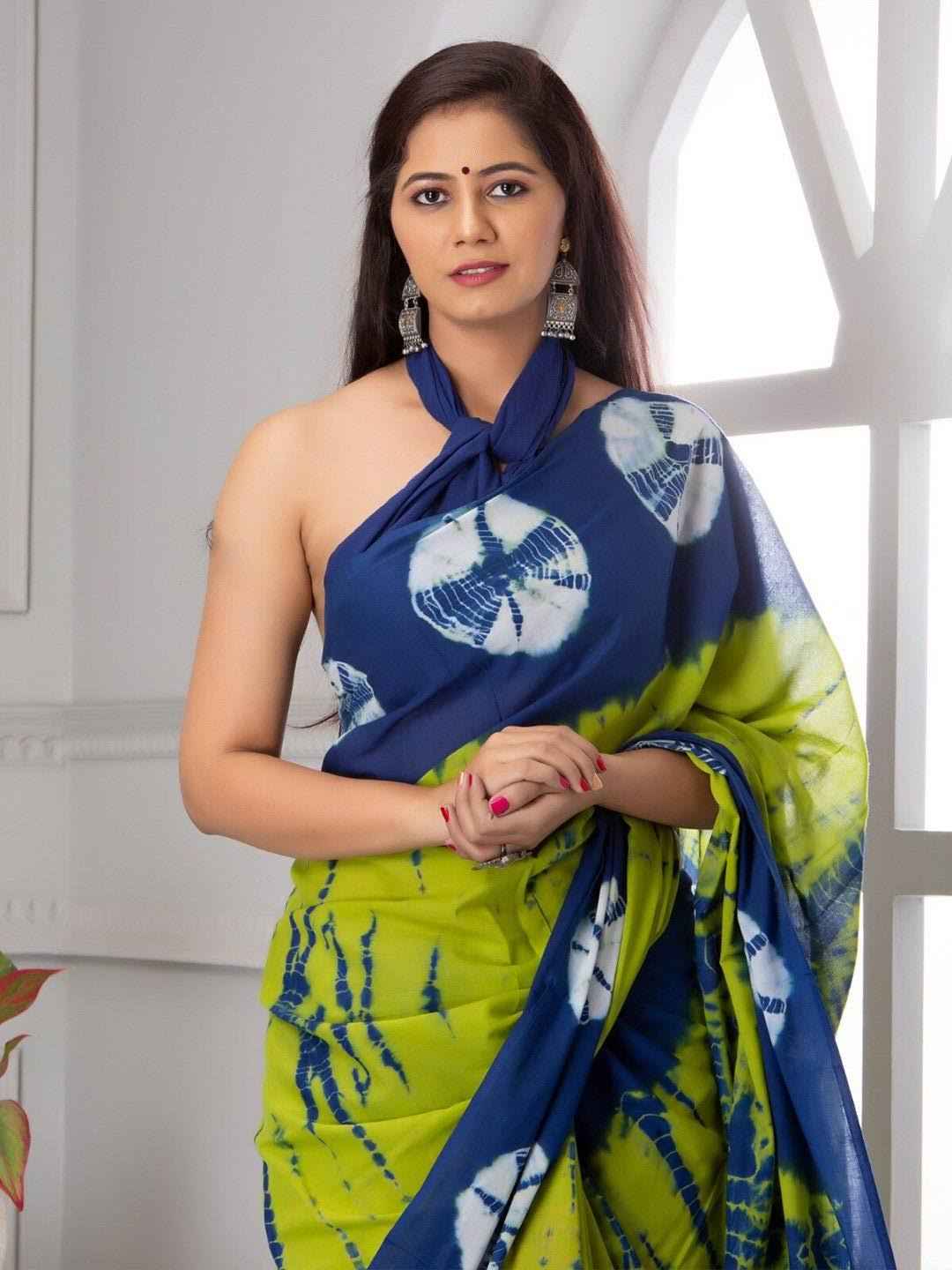 Indigo Lime Shibori Tie & Dye Pure Mulmul Cotton Saree