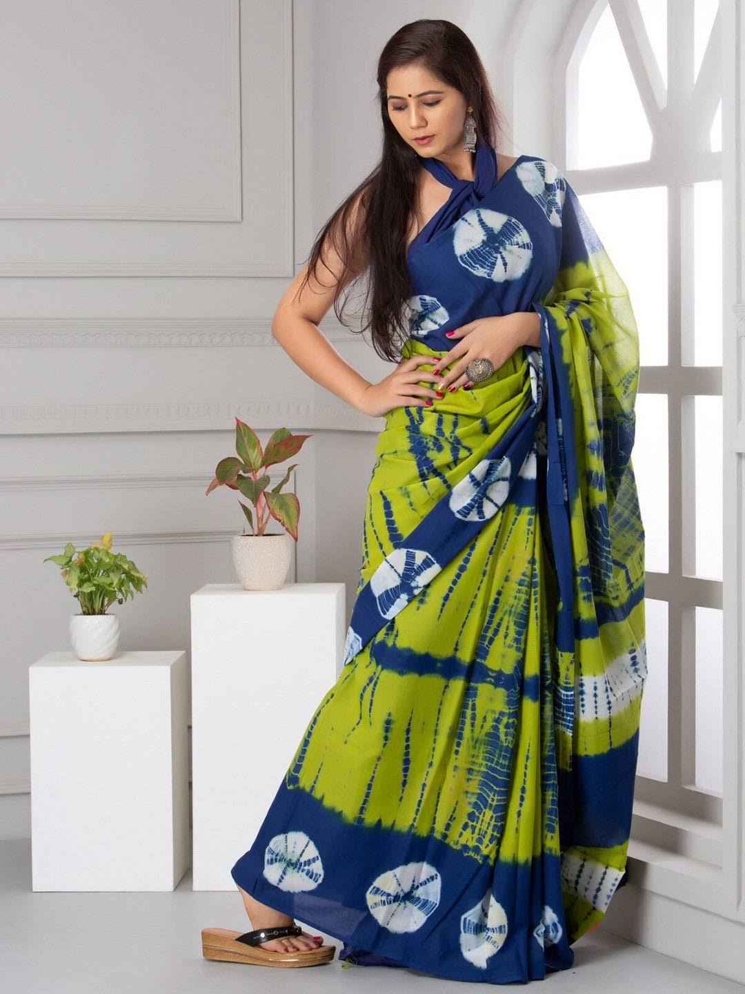 Indigo Lime Shibori Tie & Dye Pure Mulmul Cotton Saree