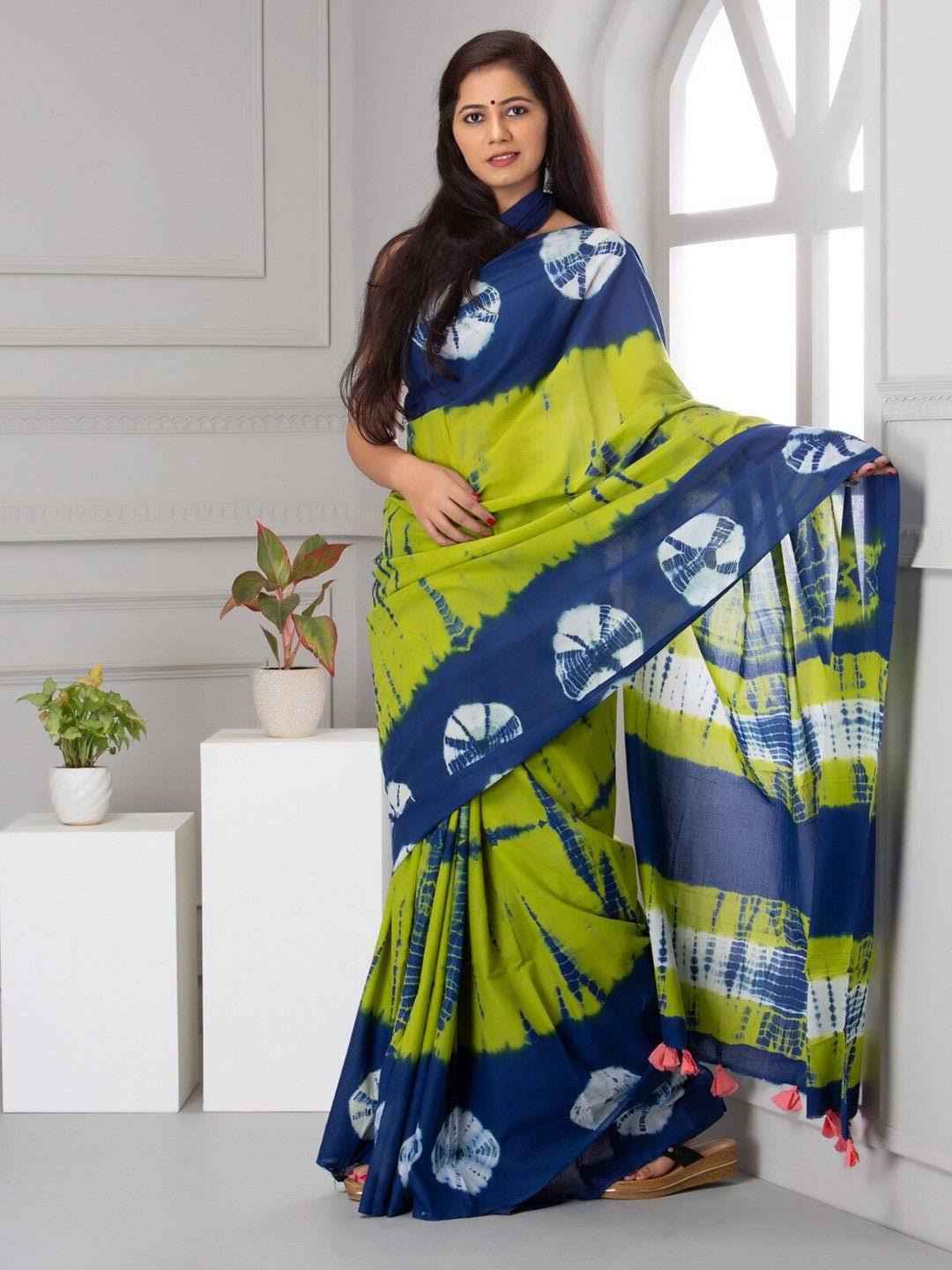Indigo Lime Shibori Tie & Dye Pure Mulmul Cotton Saree