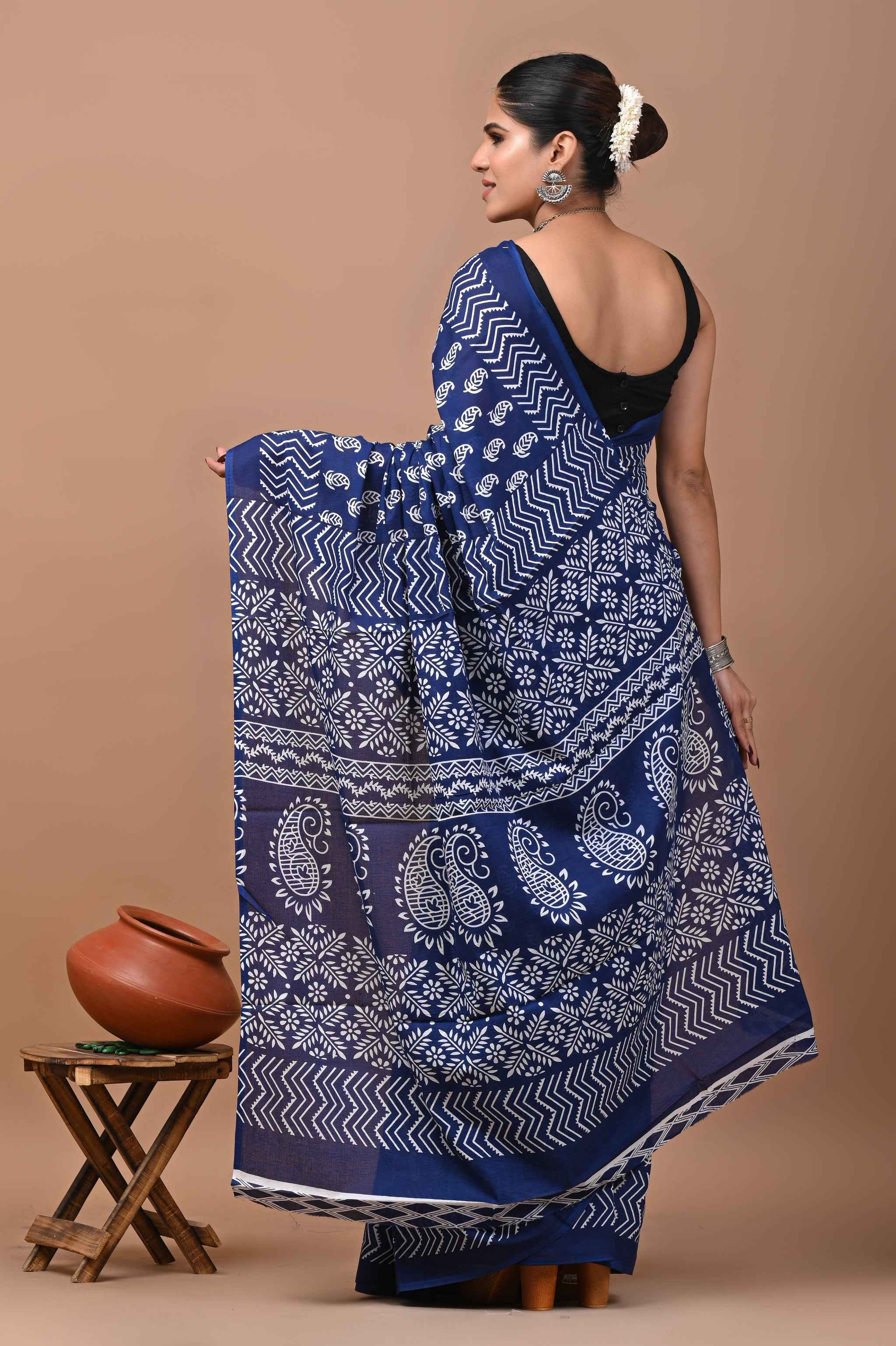 Indigo Rhythm Block Story in Mulmul Saree