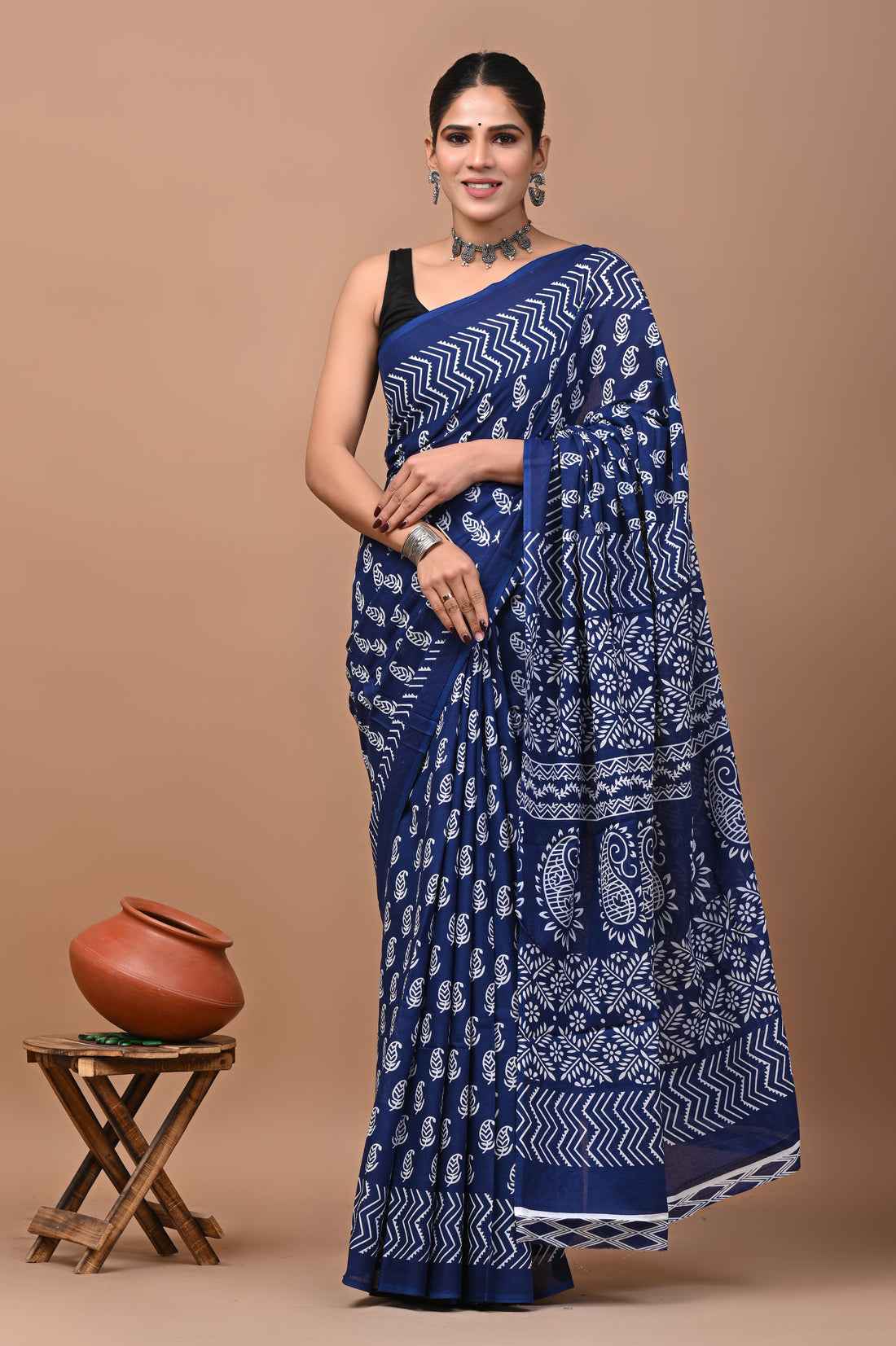 Indigo Rhythm Block Story in Mulmul Saree