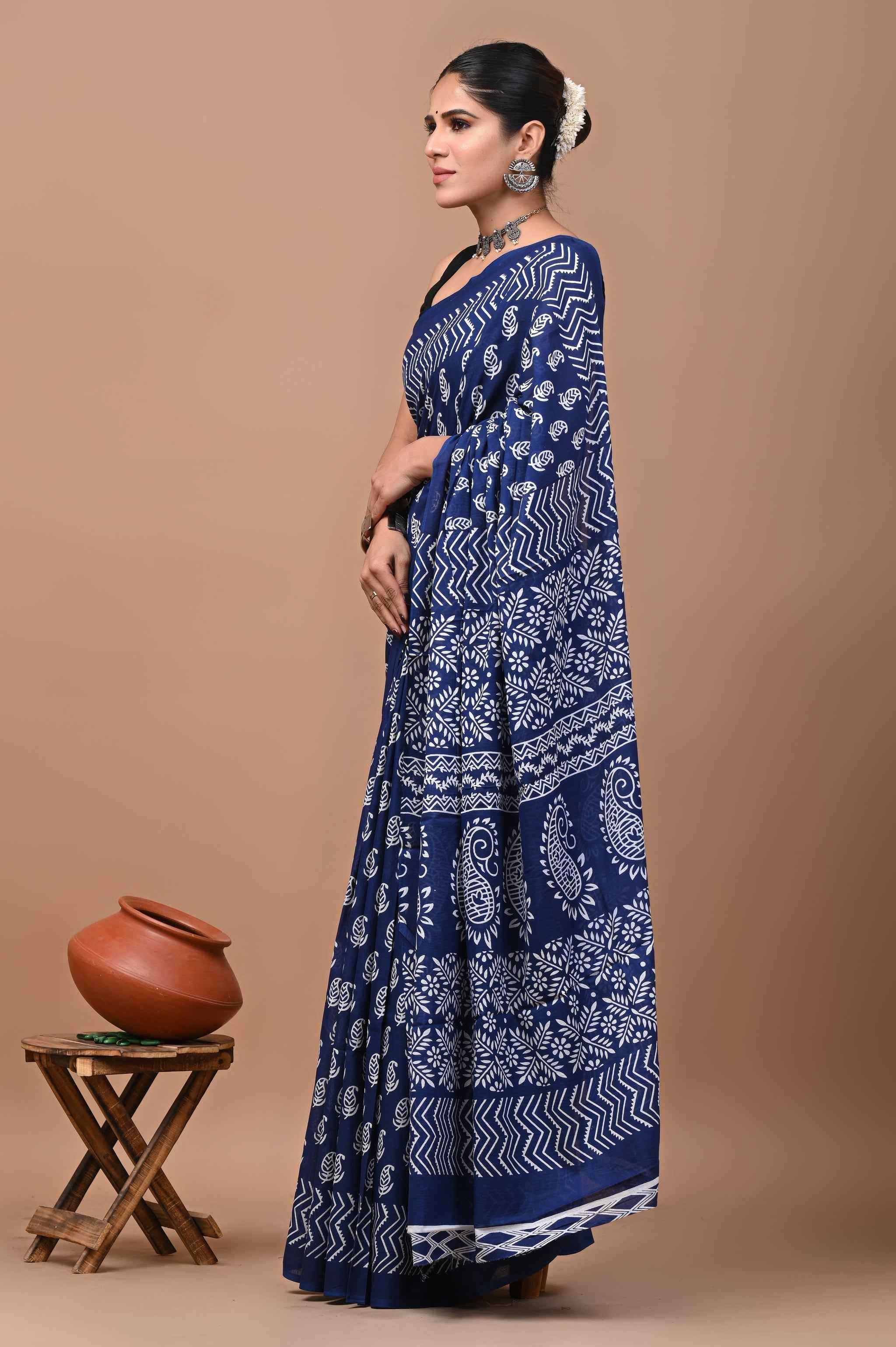 Indigo Rhythm Block Story in Mulmul Saree
