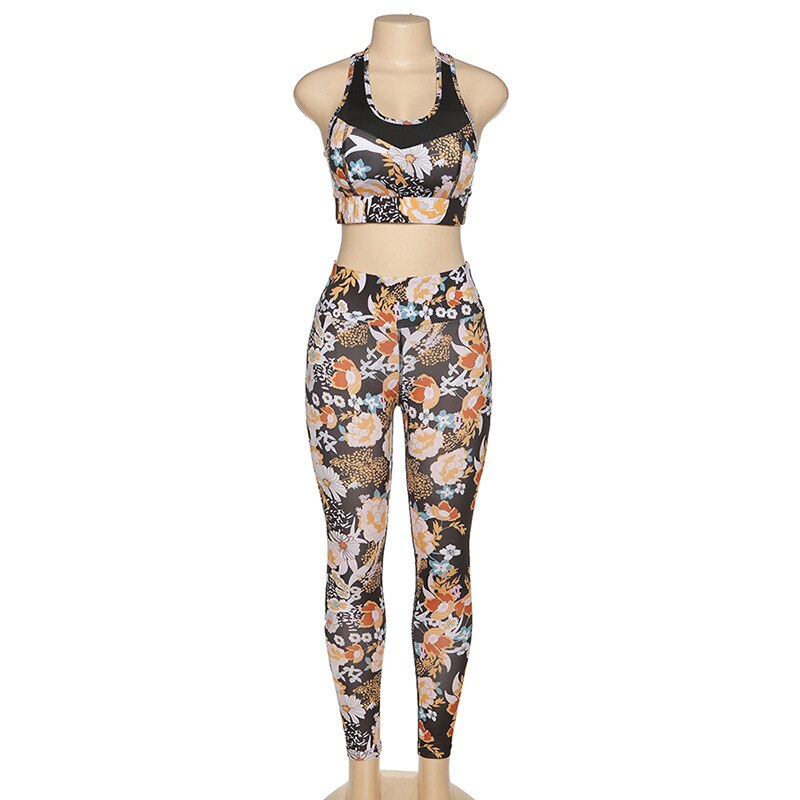 Flower Print Yoga Fitness Clothing For Women Vest Crop Top Leggings Sports Pants Suit Gym Fitness Jogging Slim Tracksuit Outfits